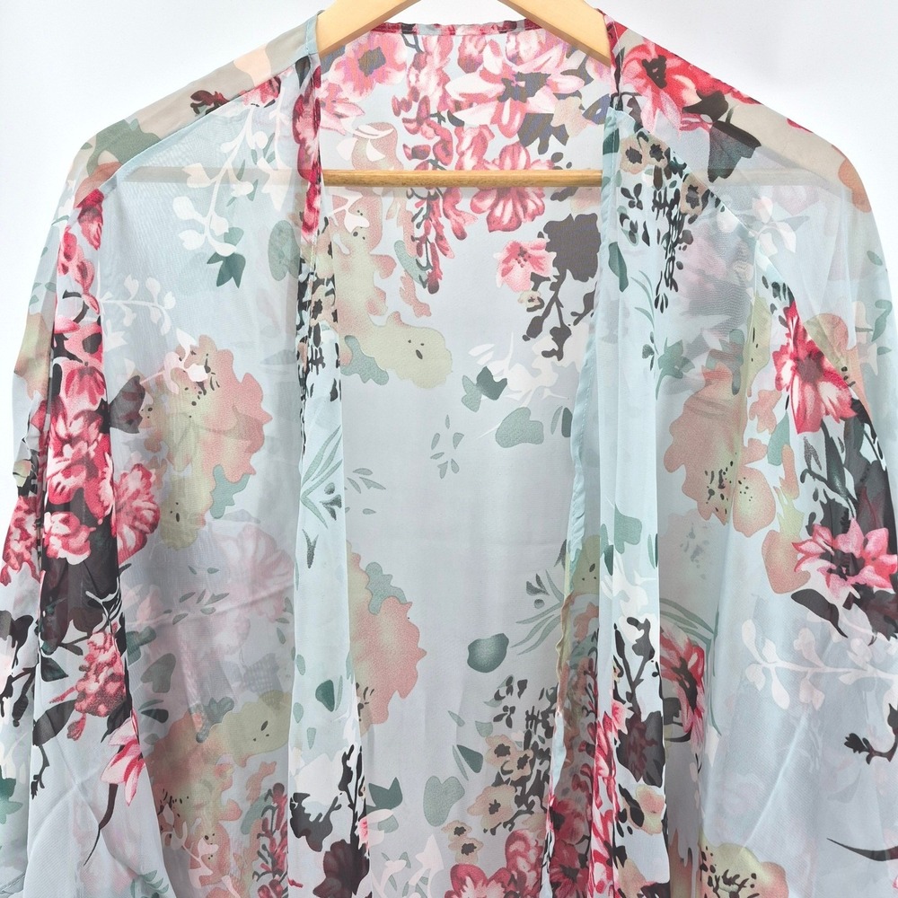 Floral Sheer Kimono Cover Up One Size Mint Blue Pink Boho Beach Resort Festival - Picture 3 of 9